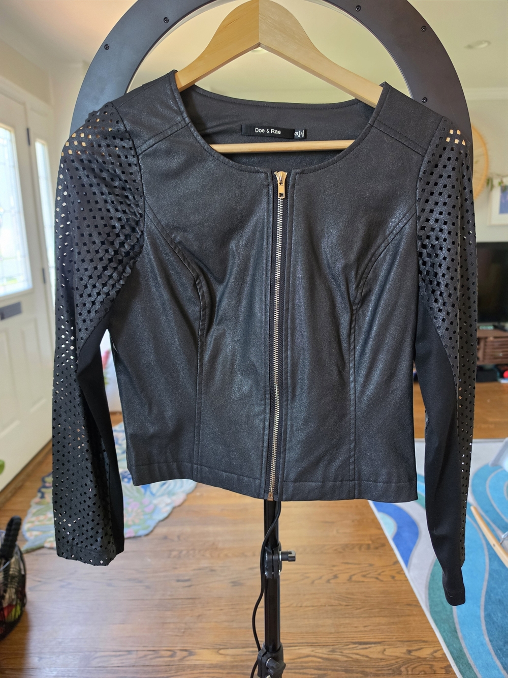 Doe & Rae Black Perforated Faux-Leather Jacket Size S